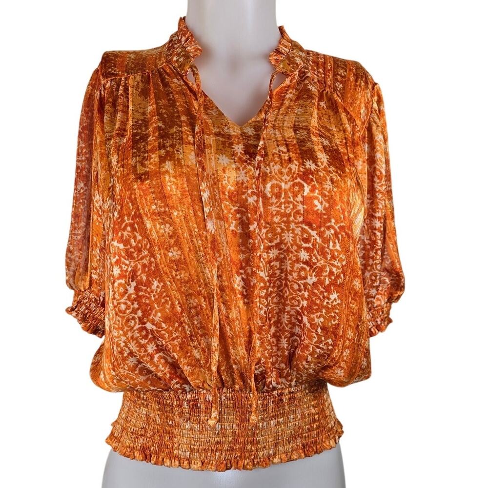 RACHEL ZOE Orange Cream Floral Threaded Women's Work Business Blouse M
